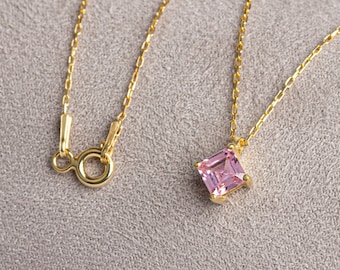 Square Shape Pink Tourmailine Necklace 14K Solid Gold, October Birtstone Jewelry, Perfect Gift for Mother's Day - Girlfriend - Wife