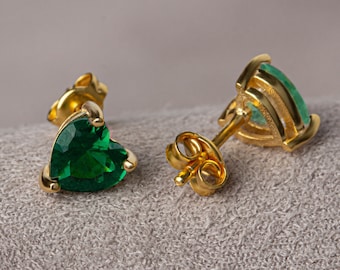 Emerald Heart Earrings 14K Solid Gold, May Birtstone Earrings, Perfect Gift for Mother's Day - Girlfriend - Wife