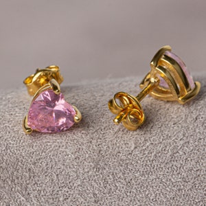Pink Tourmailine Heart Stud Earrings 14K Solid Gold, October Birthstone