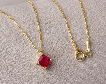 Square Shape Ruby 14K Solid Gold Necklace, July Birthstone Jewelry, Perfect Gift for Mother's Day - Girlfriend - Wife