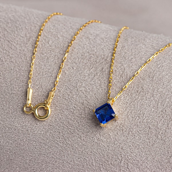 Square Shape Sapphire Necklace 14K Solid Gold, September Birthstone Jewelry, Perfect Gift for Mother's Day - Girlfriend - Wife