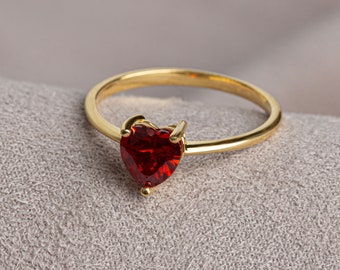 Heart Garnet Ring 14K Solid Gold, January Birthstone Jewelry, Heart Symbol Ring, Perfect Gift for Mother's Day - Girlfriend - Wife