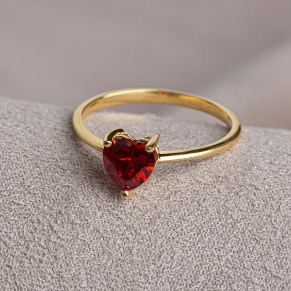 Heart Garnet Ring 14K Solid Gold, January Birthstone Jewelry, Heart Symbol Ring, Perfect Gift for Mother's Day - Girlfriend - Wife