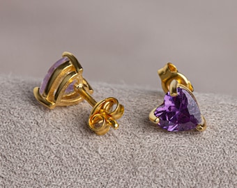 Amethyst Heart Stud Earrings, 14K Solid Gold, February Birthstone Jewelry
