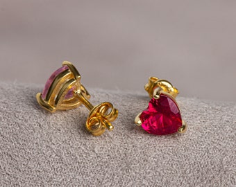 Ruby Heart Earrings 14K Solid Gold, July Birthstone Jewelry, Perfect Gift for Mother's Day - Girlfriend - Wife