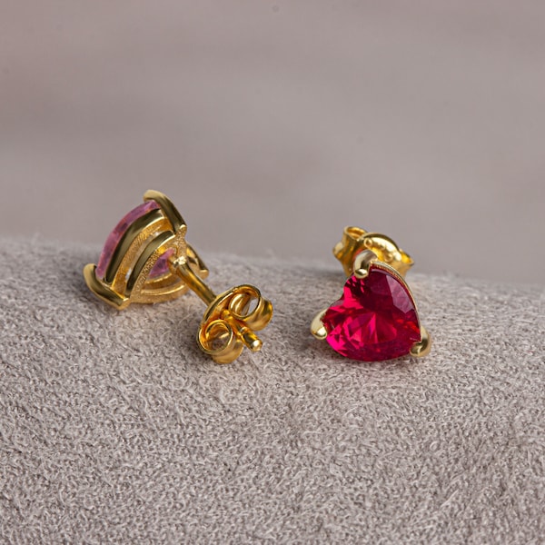 Ruby Heart Earrings 14K Solid Gold, July Birthstone Jewelry, Perfect Gift for Mother's Day - Girlfriend - Wife