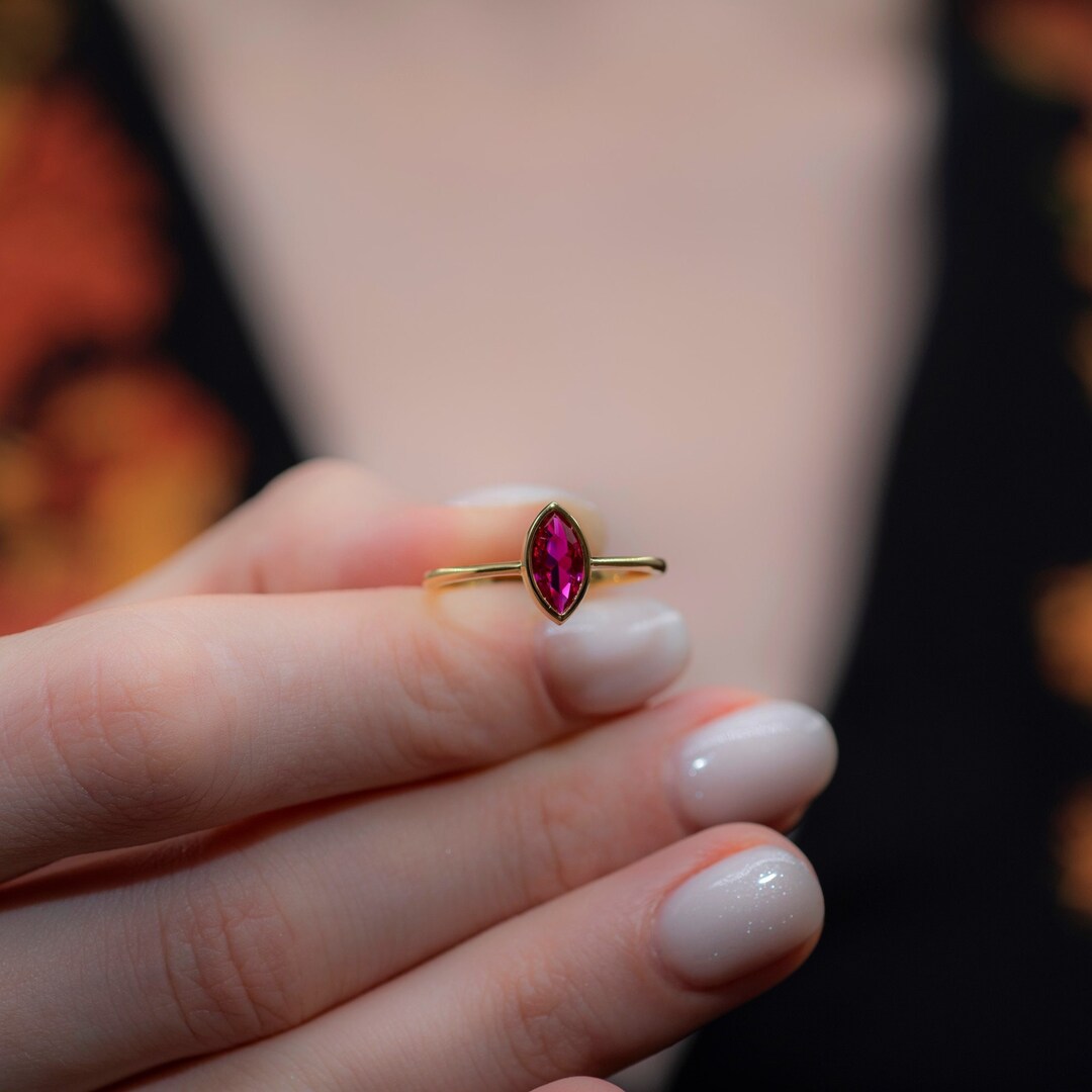 Ruby Graduation Ring Ruby July Birthstone Ring, 14K Solid Gold Bezel Marquise Style Rings ...
