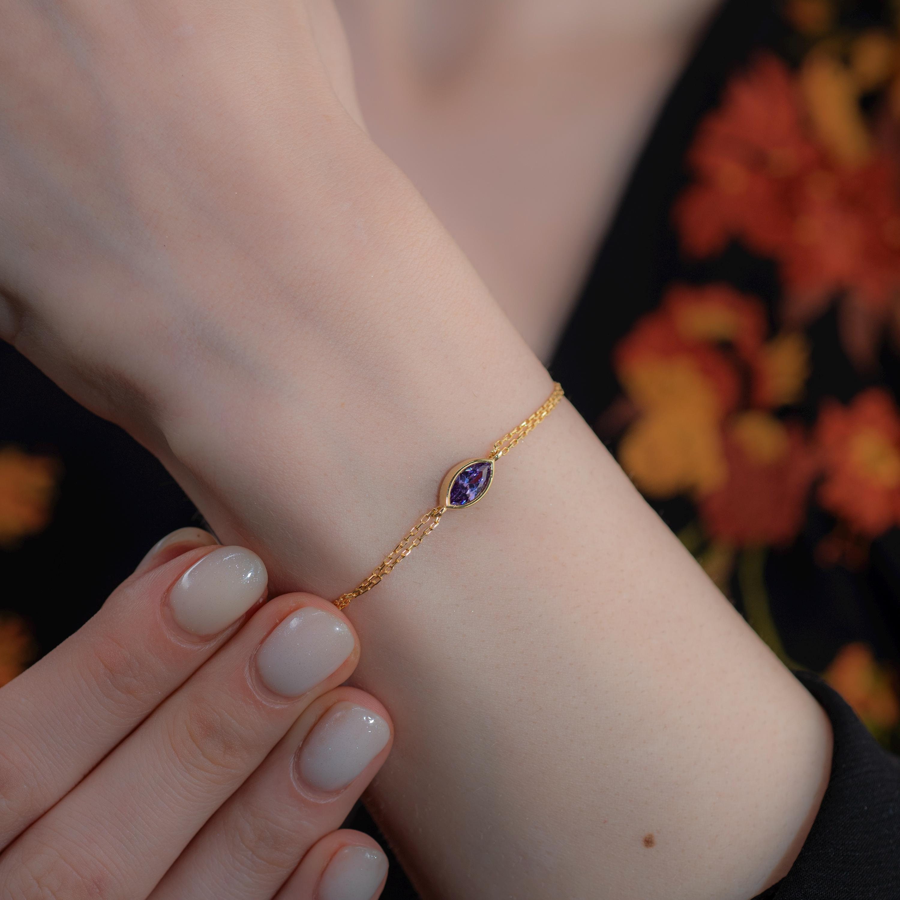 Amethyst Bracelet 14K Solid Gold Bezel Marquise Style February Birthstone, Christmas Gift, Lover For Jewelry