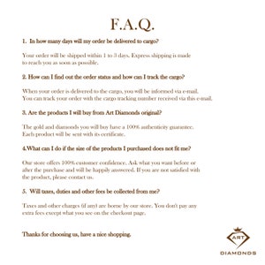 May include: A frequently asked questions (FAQ) page with a list of questions and answers about ordering and shipping from Art Diamonds. The page includes information about delivery times, order tracking, product authenticity, returns, and taxes.