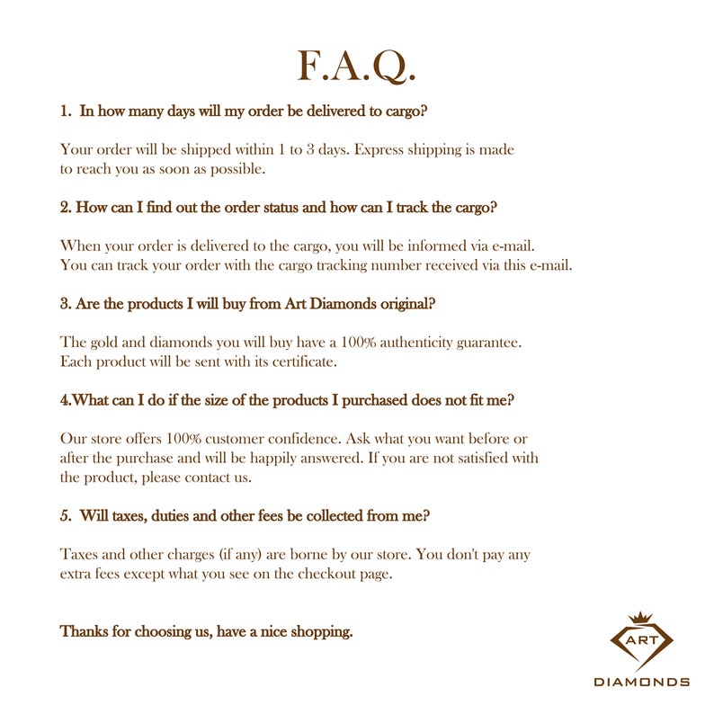May include: A frequently asked questions (FAQ) page with a list of questions and answers about ordering and shipping from Art Diamonds. The page includes information about delivery times, order tracking, product authenticity, returns, and taxes.