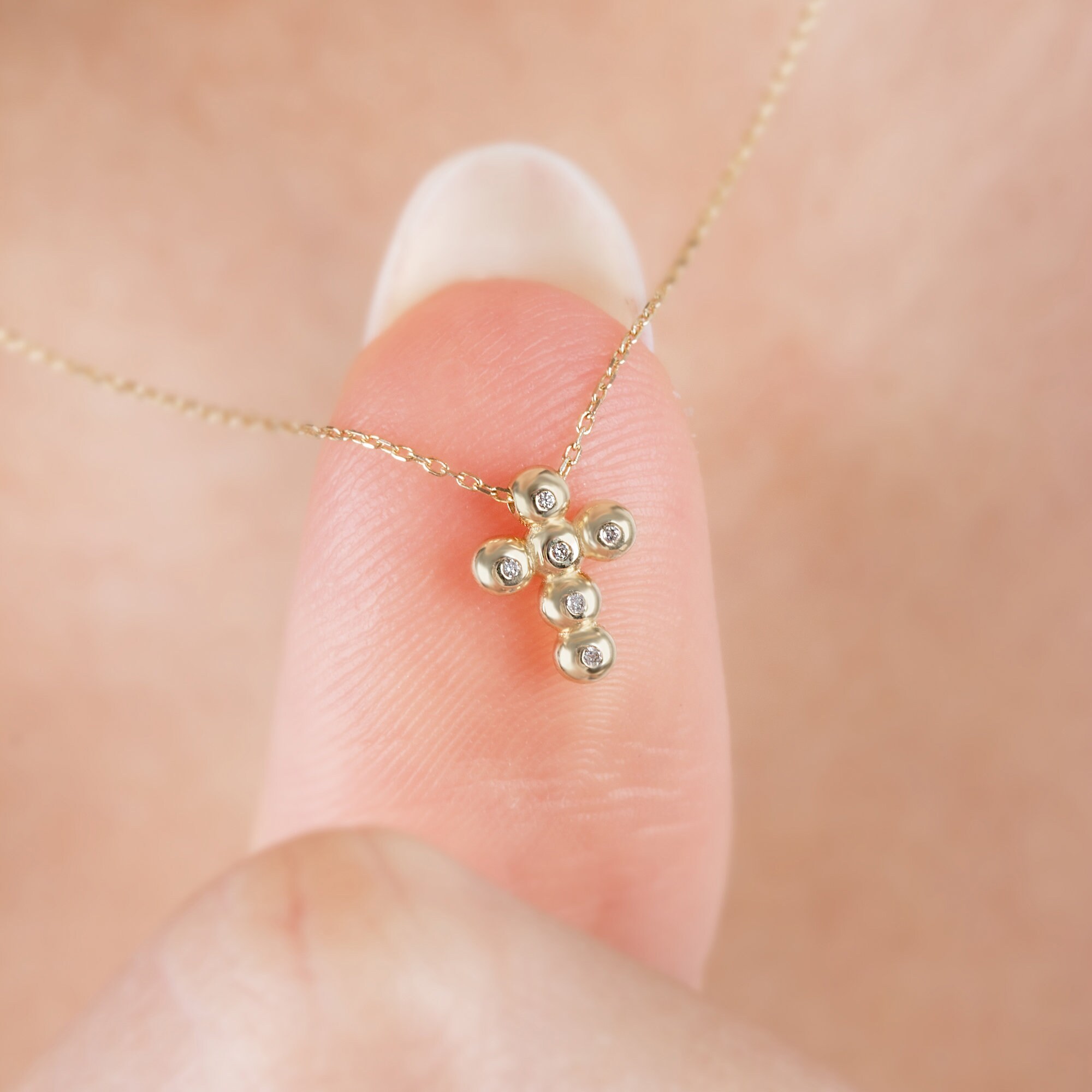 14K Solid Gold Small Cross Necklace Real Diamond Cross Etsy