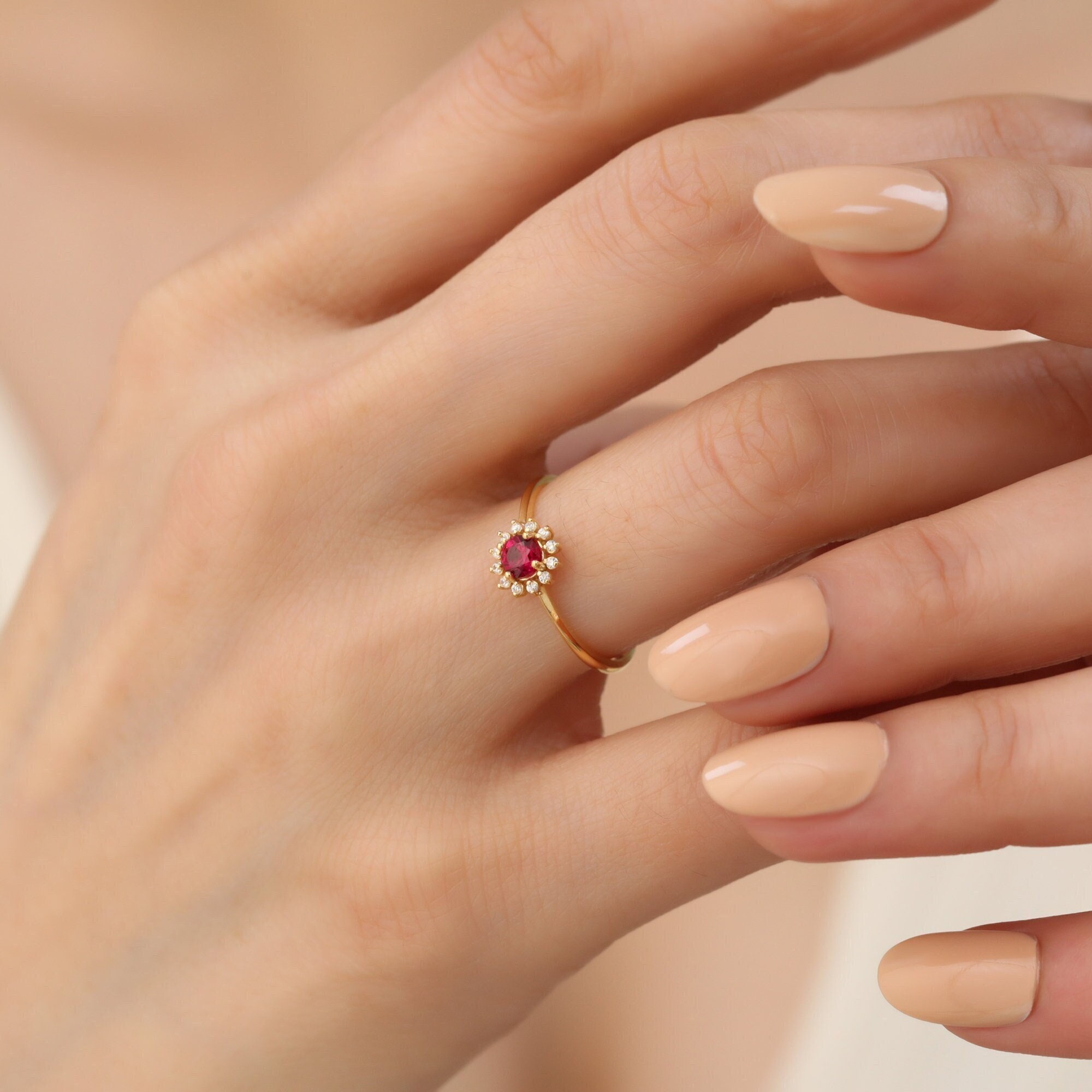 Runder 14K-Goldring mit Rubin, echtem Diamant-Juli Birthstone Ring, perfekter Jahrestag oder Verlobung oder Muttertagsgeschenk für Sie