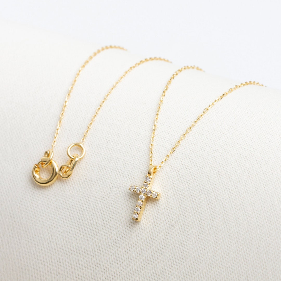 Real Diamond Cross Necklace 14K Solid Gold, Minimalist Cross Necklace
