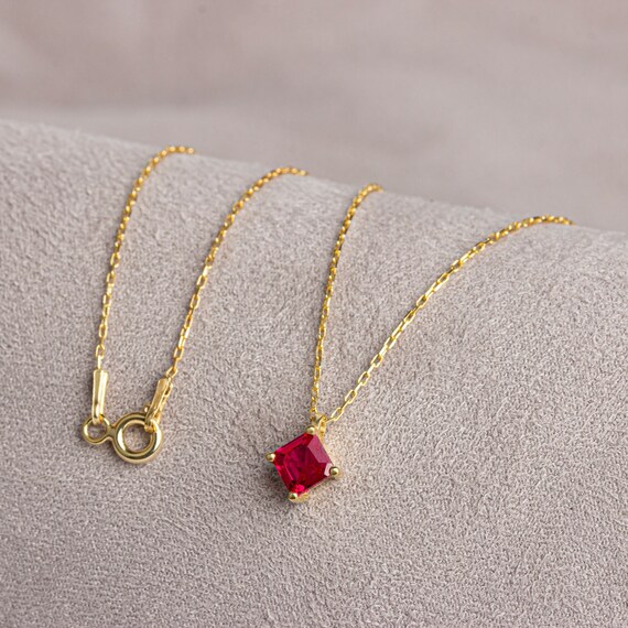 Ruby Square Necklace, 14K 10K 8K Solid Gold Jewelry, July