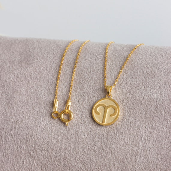 Aries Zodiac Necklace, Minimalist Astrology Pendant, 14K 10K Solid Gold