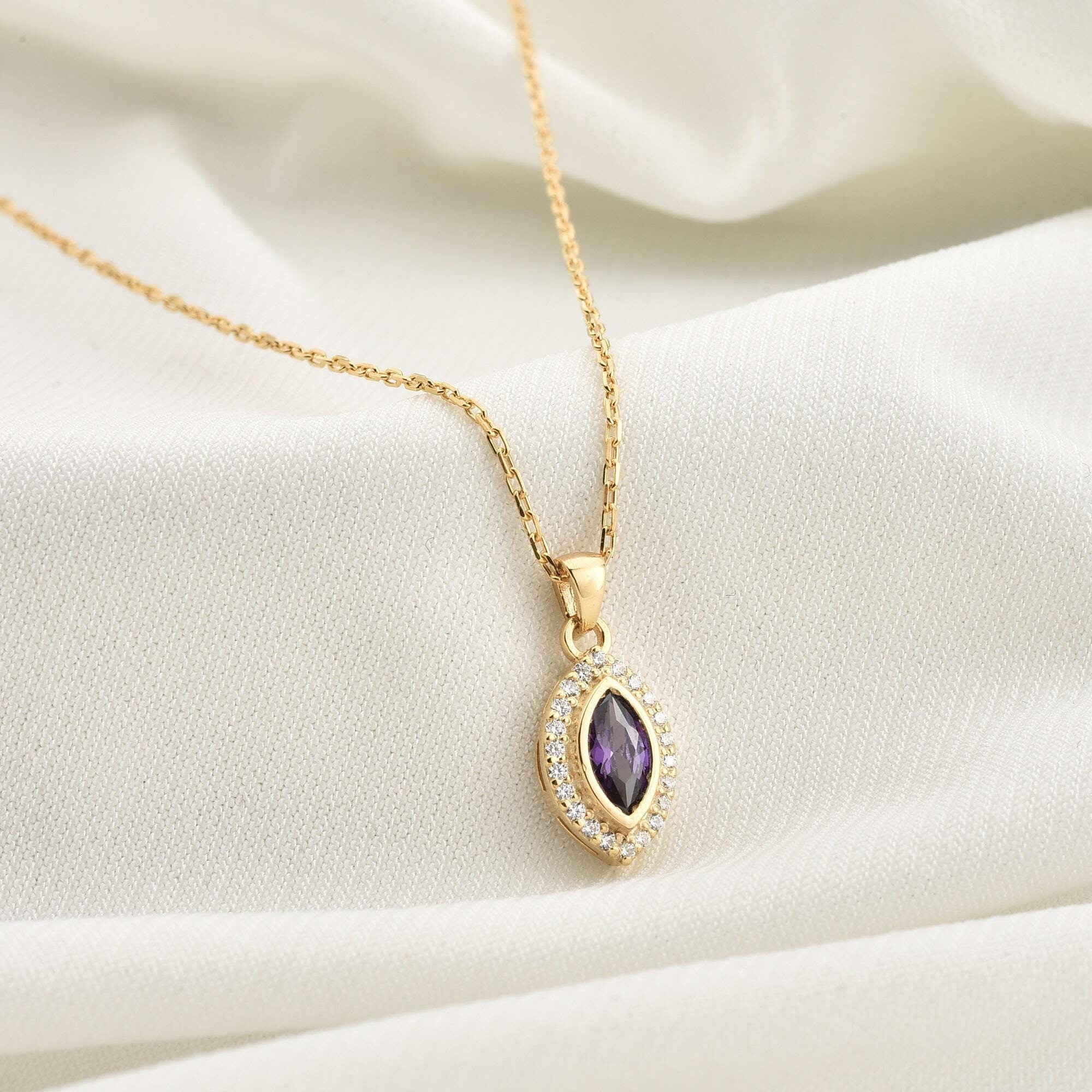 14K Solid Gold Amethyst Necklace: Real Diamond Halo Marquise Charm, Birthday Jewelry