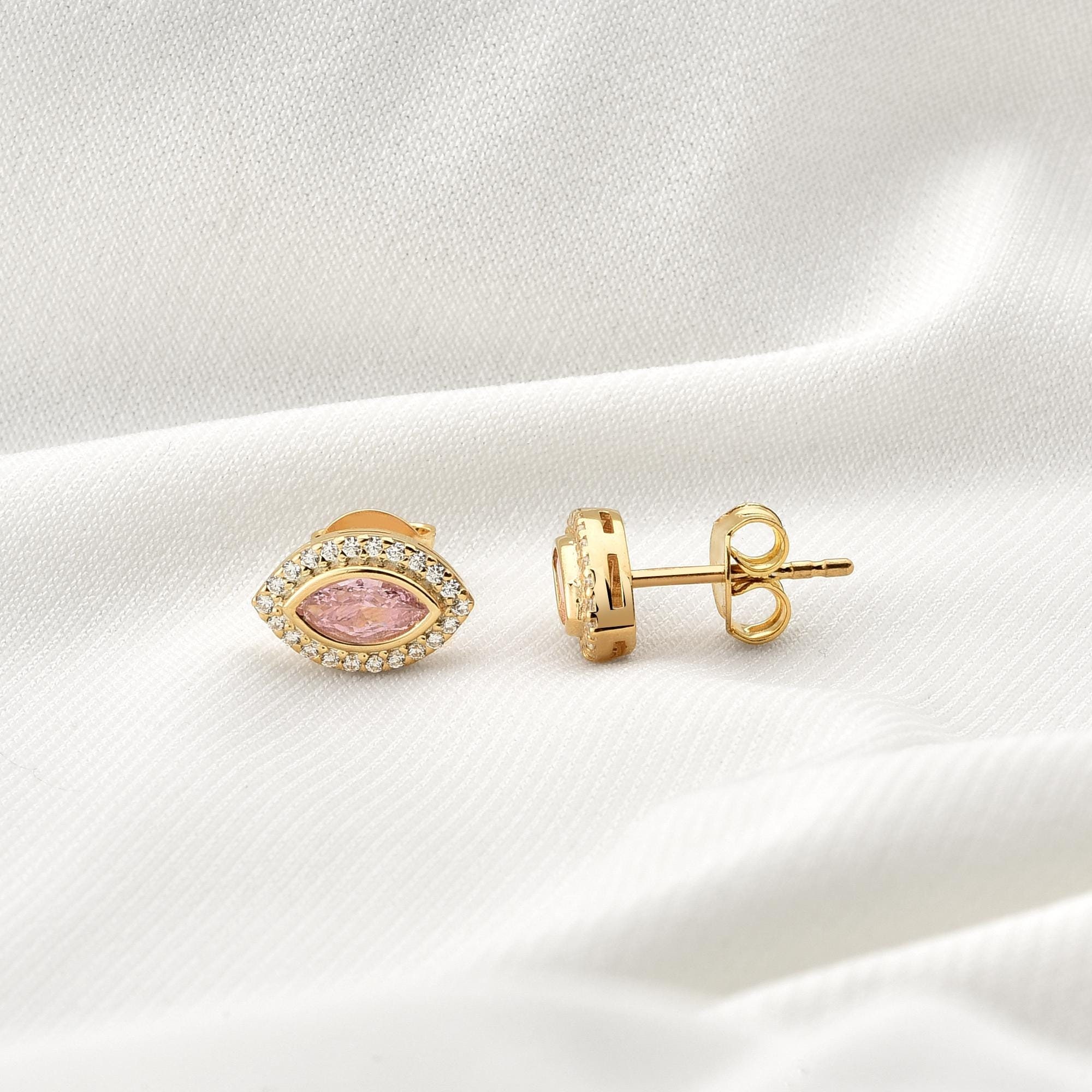 Pink Tourmaline Real Diamonds Halo Marquise Stud Earrings, Bezel 14K Solid Gold Jewelry, October Birthstone, Graduation or Birthday Gift