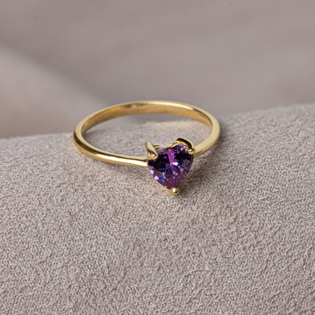 February Rings Heart Amethyst Ring, February Birthstone Jewelry, 14K 10K 8K Solid Gold ...