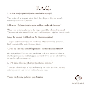 Op de afbeelding: Een pagina met veelgestelde vragen (FAQ) met een lijst met vragen en antwoorden over het bestellen en verzenden van Art Diamonds. De pagina bevat informatie over levertijden, ordertracking, product authenticiteit, retourzendingen en belastingen.