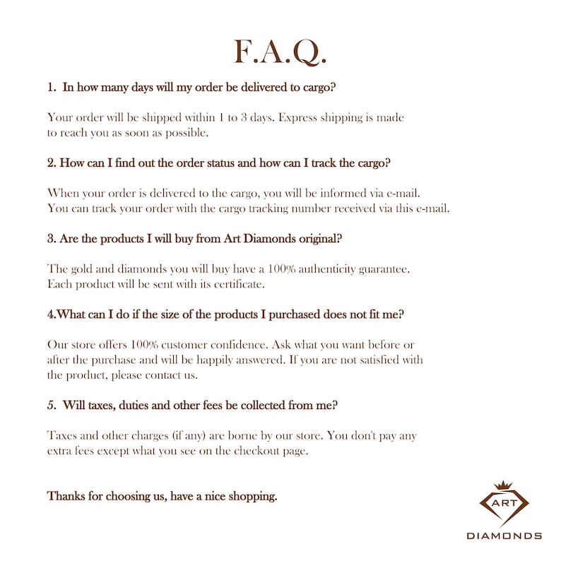 Op de afbeelding: Een pagina met veelgestelde vragen (FAQ) met een lijst met vragen en antwoorden over het bestellen en verzenden van Art Diamonds. De pagina bevat informatie over levertijden, ordertracking, product authenticiteit, retourzendingen en belastingen.