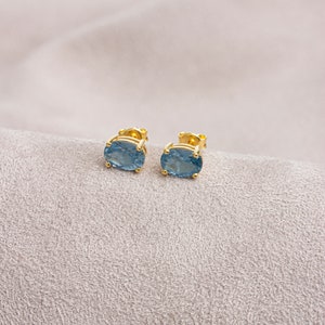 Boucle d'oreille ovale avec topaze bleue en or massif 14 carats, bijoux avec pierre de naissance de décembre, cadeau parfait pour la fête des mères - petite amie - femme