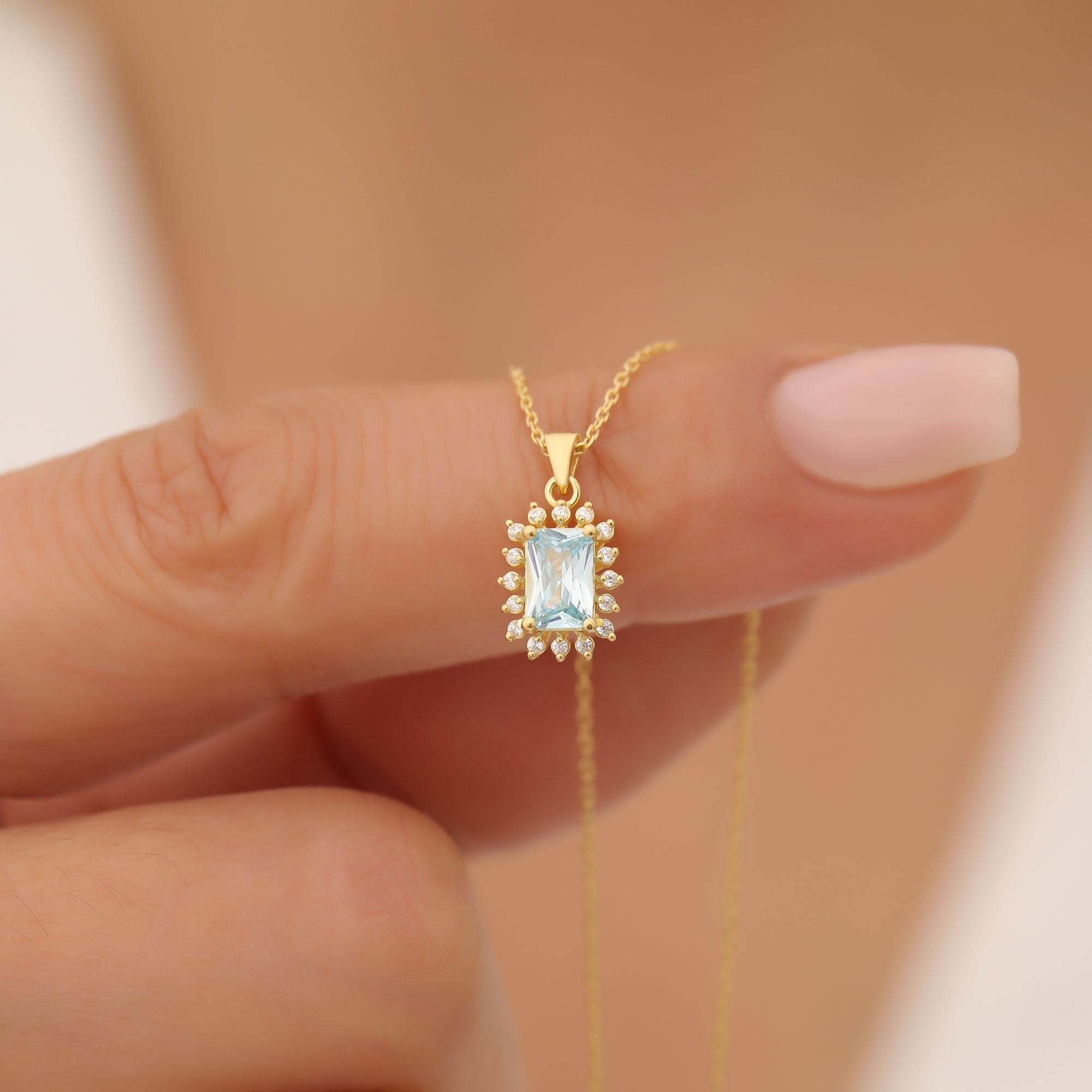Aquamarine Real Diamond Halo Necklace, March Birthstone Aquamarine Necklace,14K Solid Gold, Christmas Jewelry, Rectangular Cut Pendant