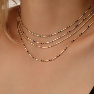 Layering Colorful Birthstone 14K Solid Gold Enameled Bar Italian Ball Chain