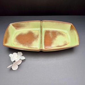 May include: A divided serving dish with a light green interior and a brown, mottled center. The dish has a rectangular shape with rounded corners and a brown rim. A white flower is in the lower left corner.