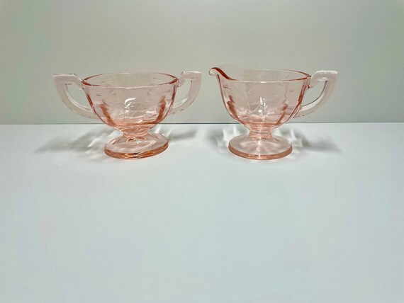 RARE Etched Pink Depression Glass Creamer & Sugar - Etsy