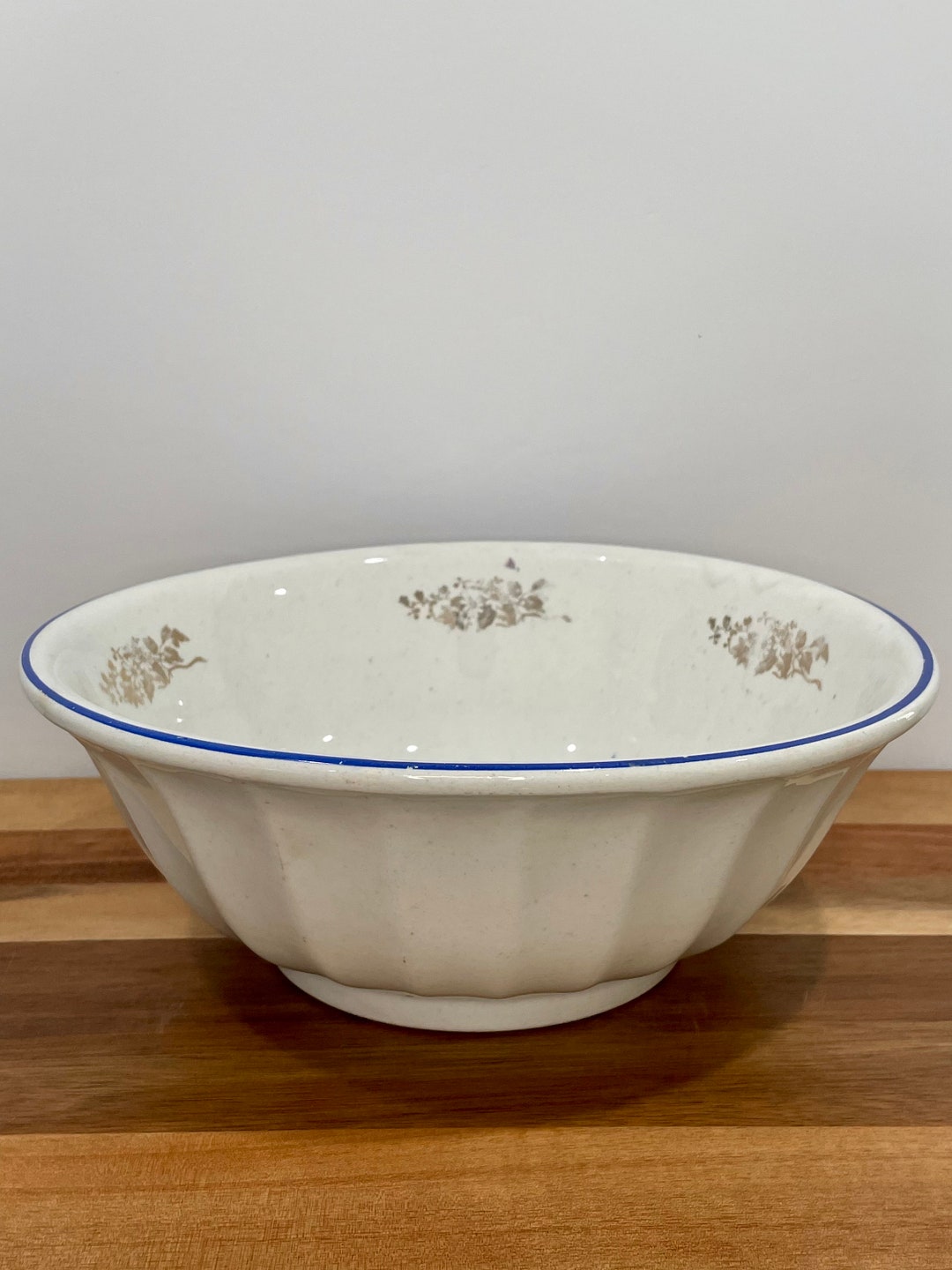 RARE Vintage Large White Fluted Bowl With Gold Flower Design Etsy