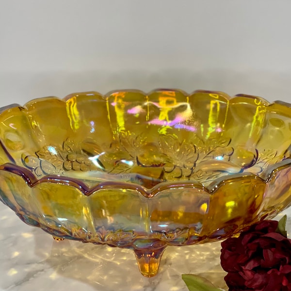 1970s Irridescent Gold Carnival Glass Centerpiece Bowl, Vintage Indiana Glass Footed Fruit Bowl