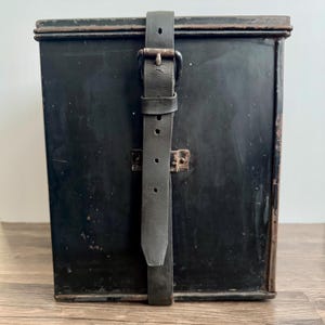 Antique Metal Storage Box: Rare Dover Mailing Safe with Leather Belt