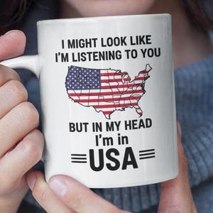 "USA Tasse - ""In meinem Kopf bin ich in den USA"" Reise-Liebhaber-Tasse, amerikanische Flaggen-Karte, Kaffeetasse, Vaterländisches Geschenk, USA-Liebhaber-Geschenk."