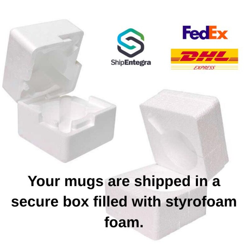 May include: Two white styrofoam boxes, one open, showcasing the packaging for mugs. The text reads: "Your mugs are shipped in a secure box filled with styrofoam foam."