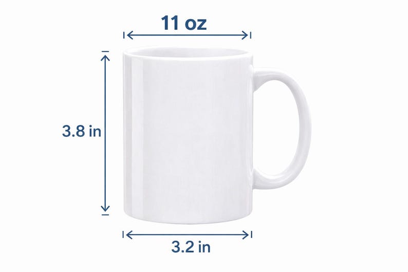 May include: A white ceramic mug with a curved handle. The mug is 3.8 inches tall, 3.2 inches wide, and holds 11 oz. The mug is plain and has a simple, classic design, suitable for hot or cold beverages.