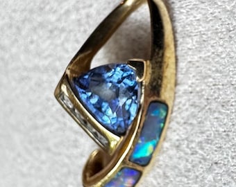 Vintage Schwarzer Opal, Tansanit und Diamant 14k Gold Slide Anhänger