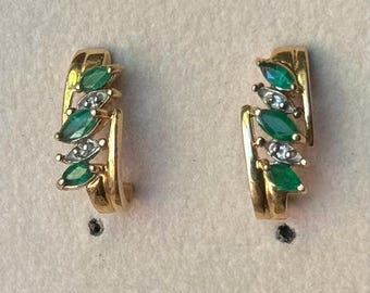 14k Gold Emerald and Cubic Zirconia Earrings
