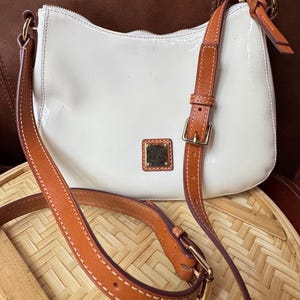White Patent Vintage Dooney & Burke with Tan Leather Trimming and Strap