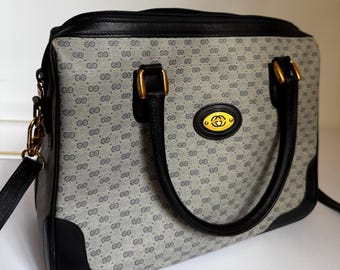 Authentic Vintage Micro GG Canvas Boston Bag with Black Leather Trim