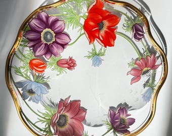 Vintage Linker Glasteller mit handgemaltem Anemonen Blumen Design