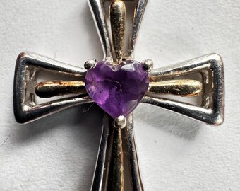 Sterling Silver Dainty Cross Pendant, Heart Amethyst Center, Gold Gilded Detailing