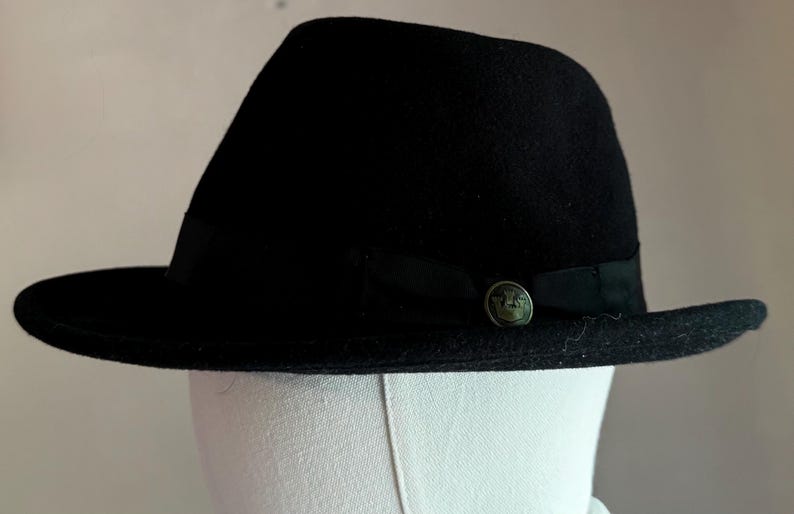 May include: A black fedora hat with a structured crown and a wide brim. The hat features a black grosgrain ribbon band encircling the base of the crown, accented with a small, circular metallic emblem on the side displaying a crown motif.