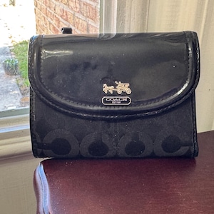 Coach Madison Black Patent Leather and canvas bifold wallet
