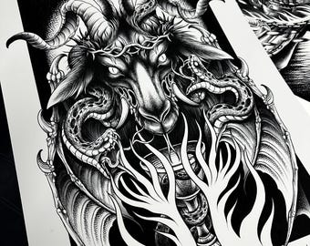 Baphomet A2/A3/A4 Impressão de arte, cabra, satânico, Lúcifer/decoração de quarto gótico, pôster de arte, oculto, cobras