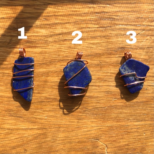 Lapis lazuli crystal healing handmade wire-wrap pendant necklace jewelry