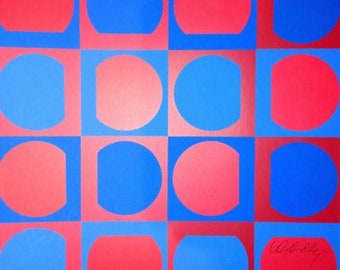 Victor VASARELY - Composition in Red & Blue - Rare Original Hand-signed Lithograph in 4 colours, 1963