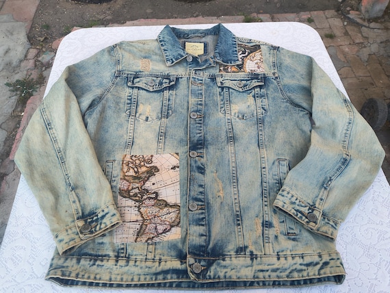 Victorious Distressed Denim Jacket with World Map Patchwork Design
