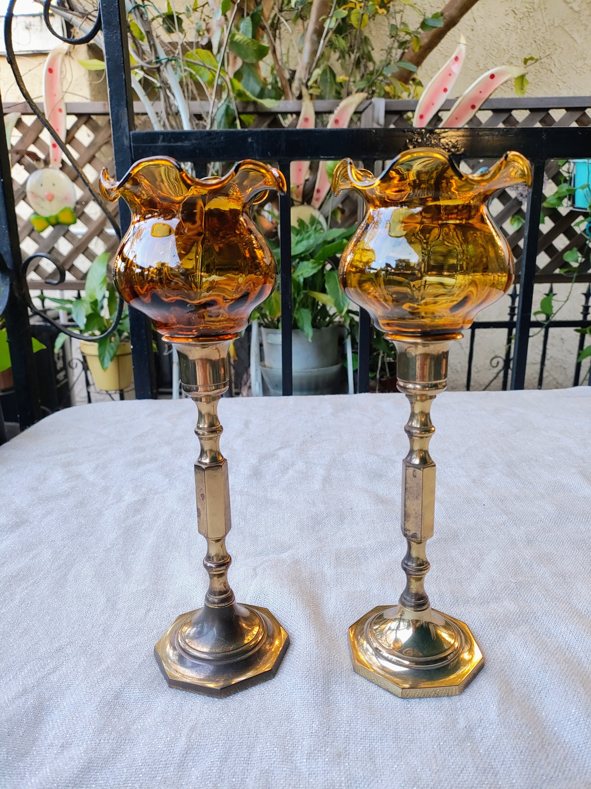 Amber Glass Candlestick Pair - Large main image 0