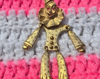 Harlequin Clown Pierrot Brooch Pin Gold Tone Articulated