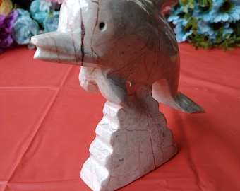 Hand Carved Marble Stone Alabaster Gray Dolphin Figure
